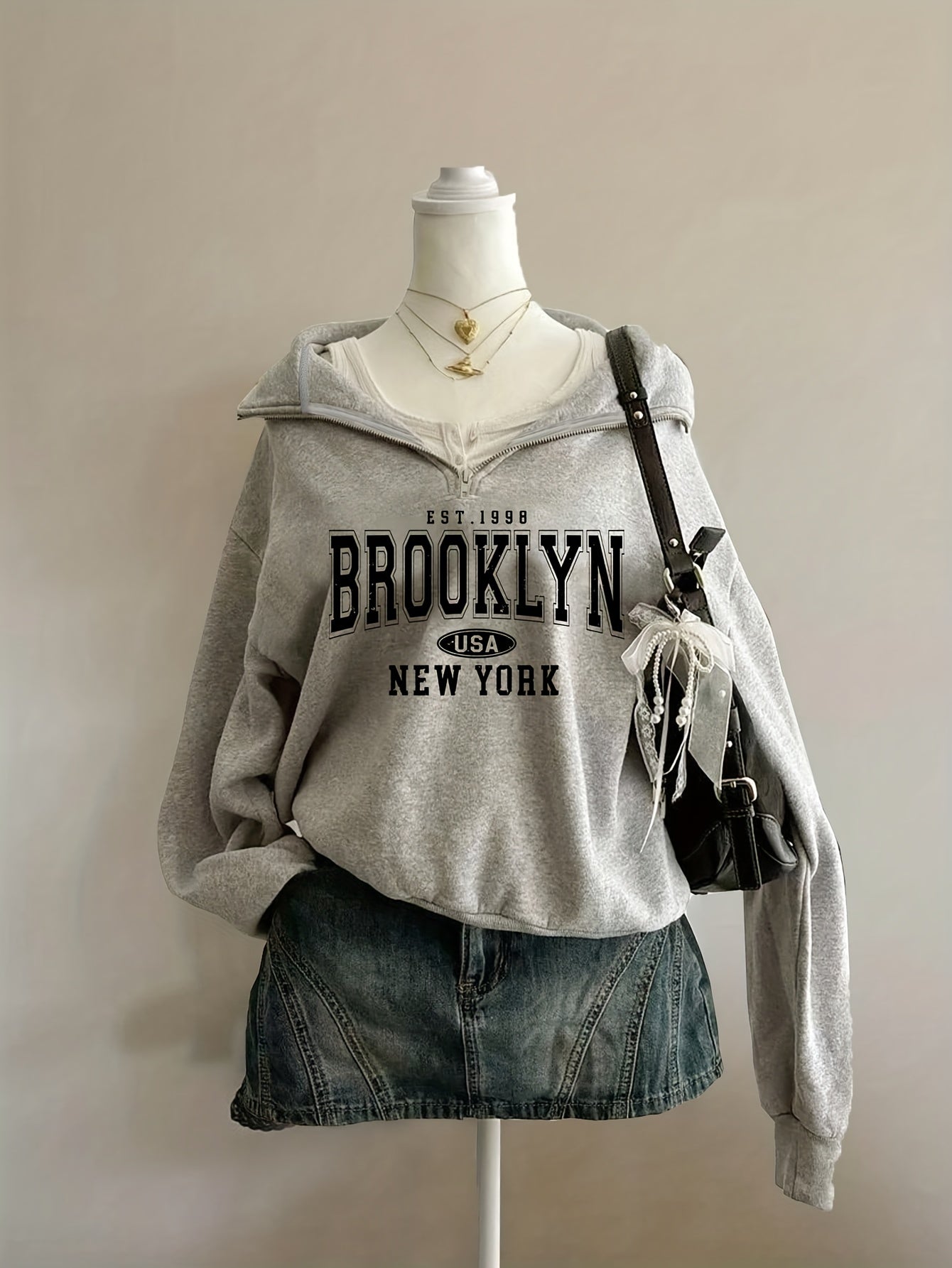 Felpa con cappuccio da donna, stampa Brooklyn, cerniera, collo alto, maniche lunghe, grigio, rosso, blu navy, nero