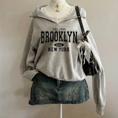 Felpa con cappuccio da donna, stampa Brooklyn, cerniera, collo alto, maniche lunghe, grigio, rosso, blu navy, nero