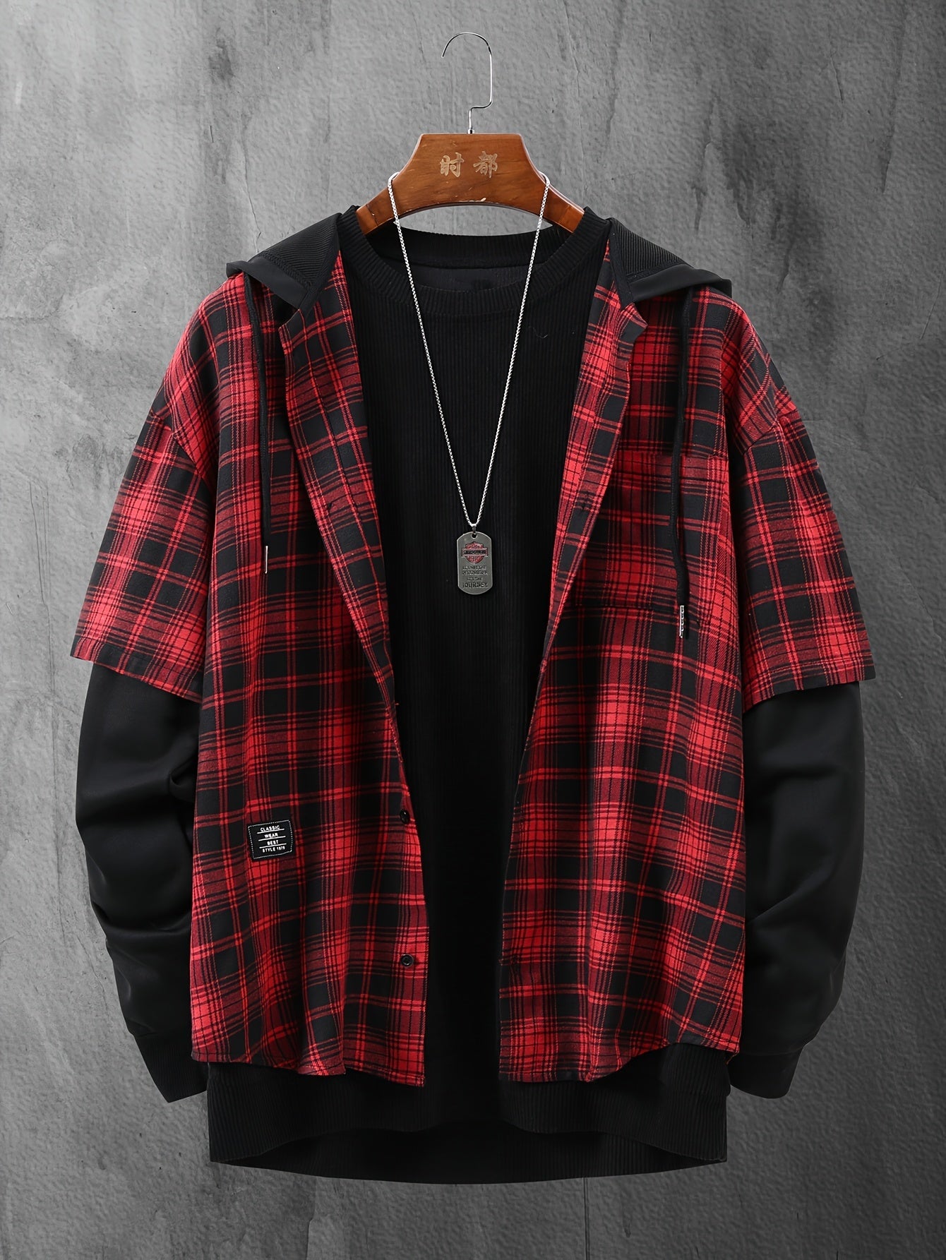 Giacca-camicia da uomo a quadri con cappuccio e maniche lunghe, rossa e nera