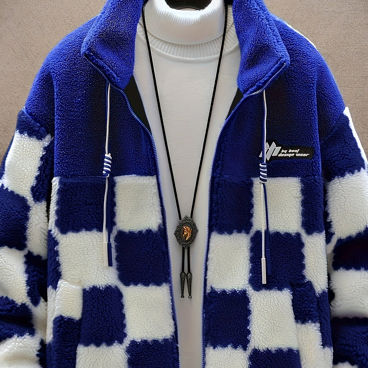 Chaqueta unisex de forro polar de peluche con cremallera y estampado de tablero de ajedrez azul y blanco