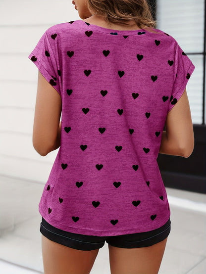 T-shirt élégant pour femme à motif cœur avec col en V – mode estivale décontractée