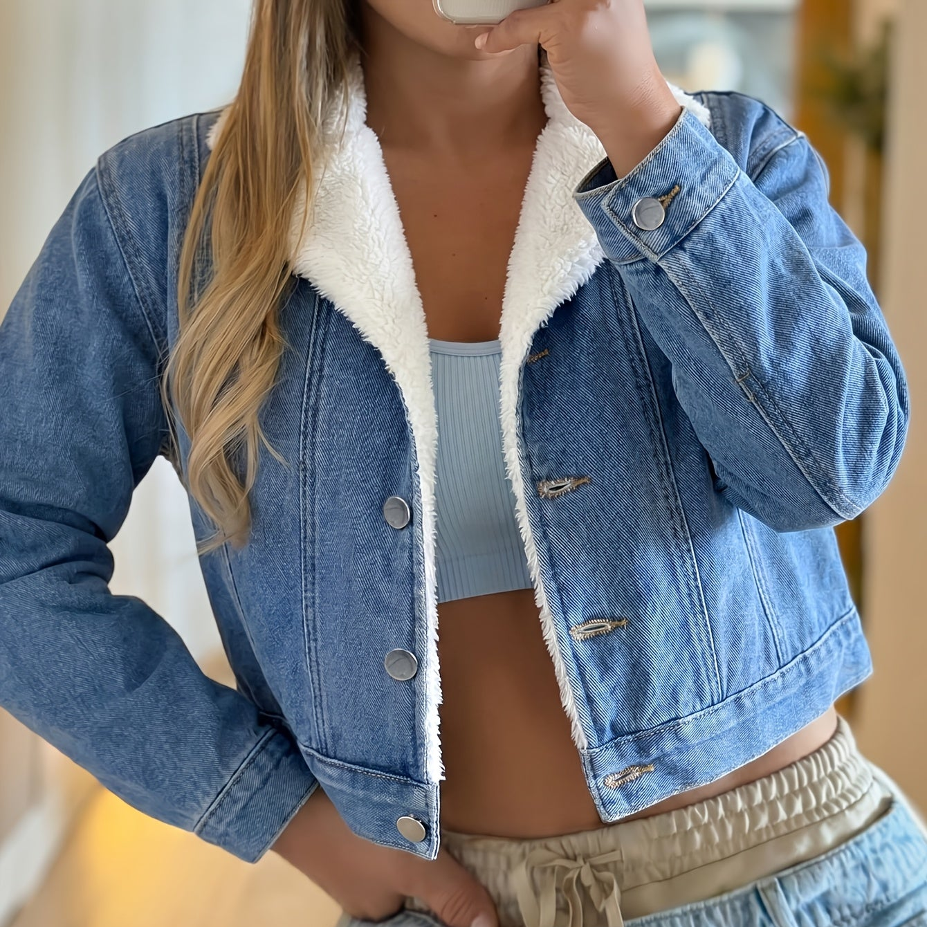 Chaqueta vaquera corta azul con forro afelpado para mujer