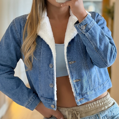 Chaqueta vaquera corta azul con forro afelpado para mujer