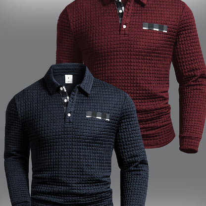 Herren Langarm Poloshirt strukturiert mit Kragen marineblau