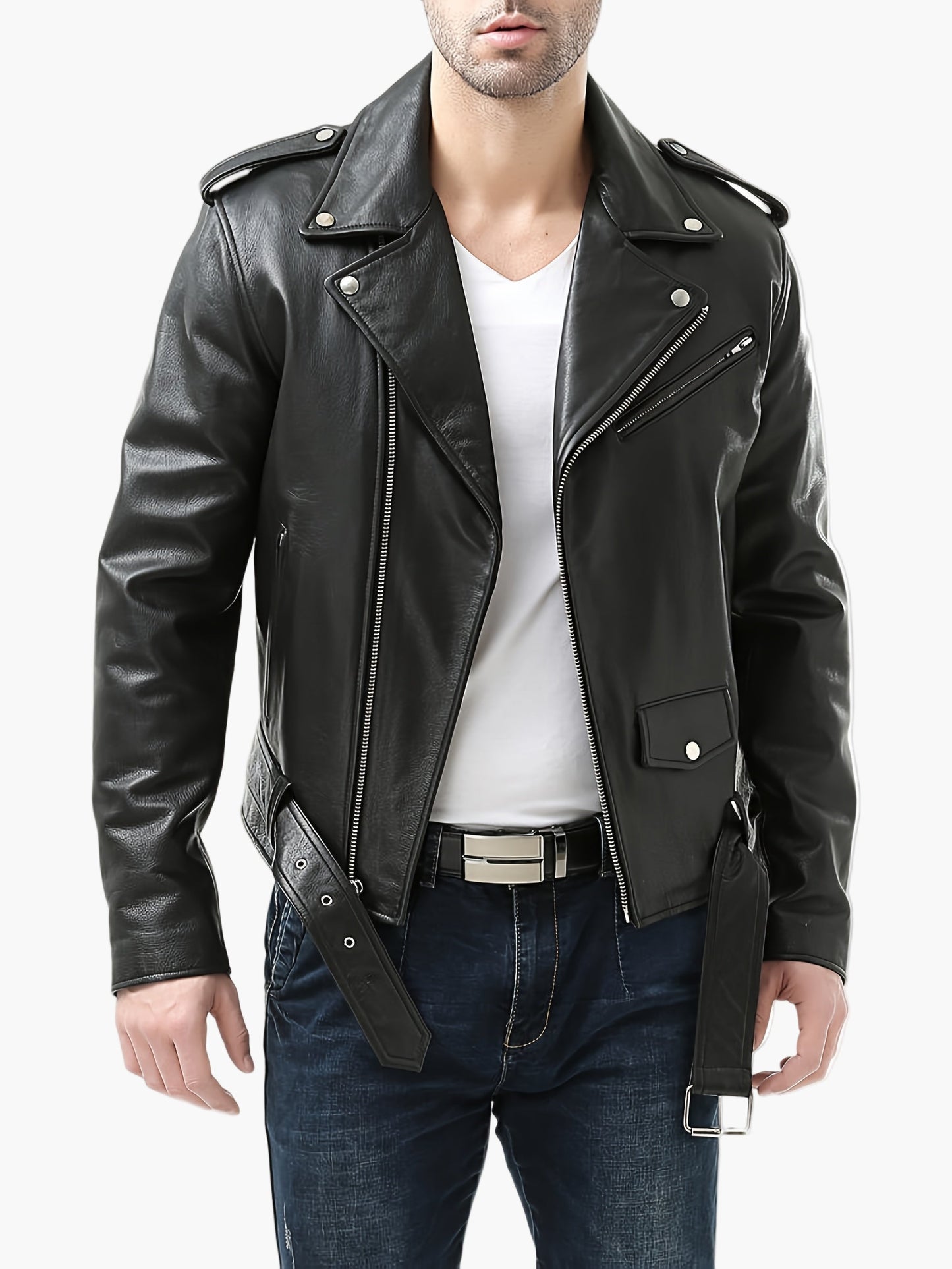 Giacca da motociclista da uomo in stile vintage – Giacca di mezza stagione alla moda con cerniera e cintura