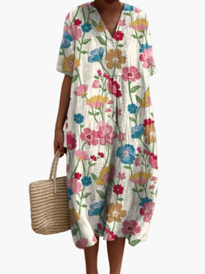 Dame sommerkjole i løs boho-stil – Fritidskjole med blomsterprint og V-udskæring, ideel til strand og hverdag
