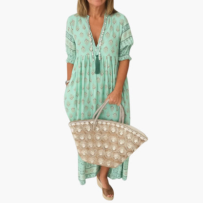 Dame midi boho-kjole med print og kvaster, sommerkjole til fritid med lommer