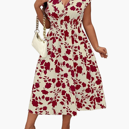 Abito midi elegante da donna con scollo a V e coulisse elastica – Perfetto per il tempo libero e l’estate