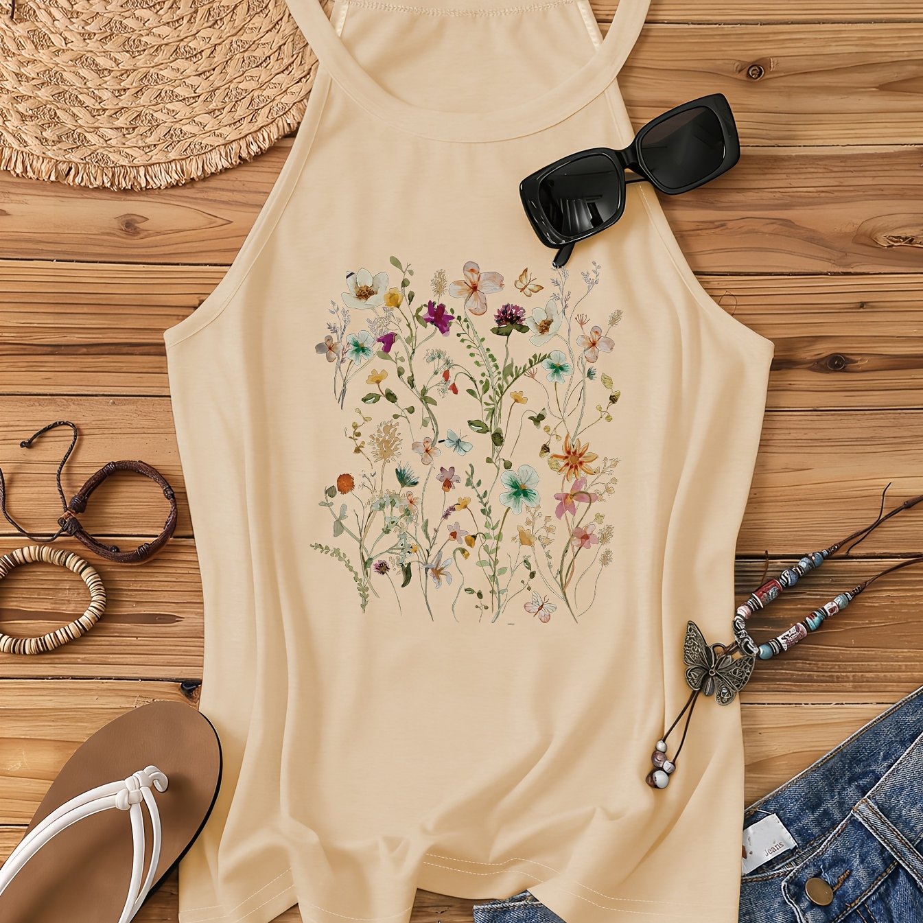 Débardeur femme à motif floral dans un style estival décontracté – Idéal pour les loisirs et les vacances