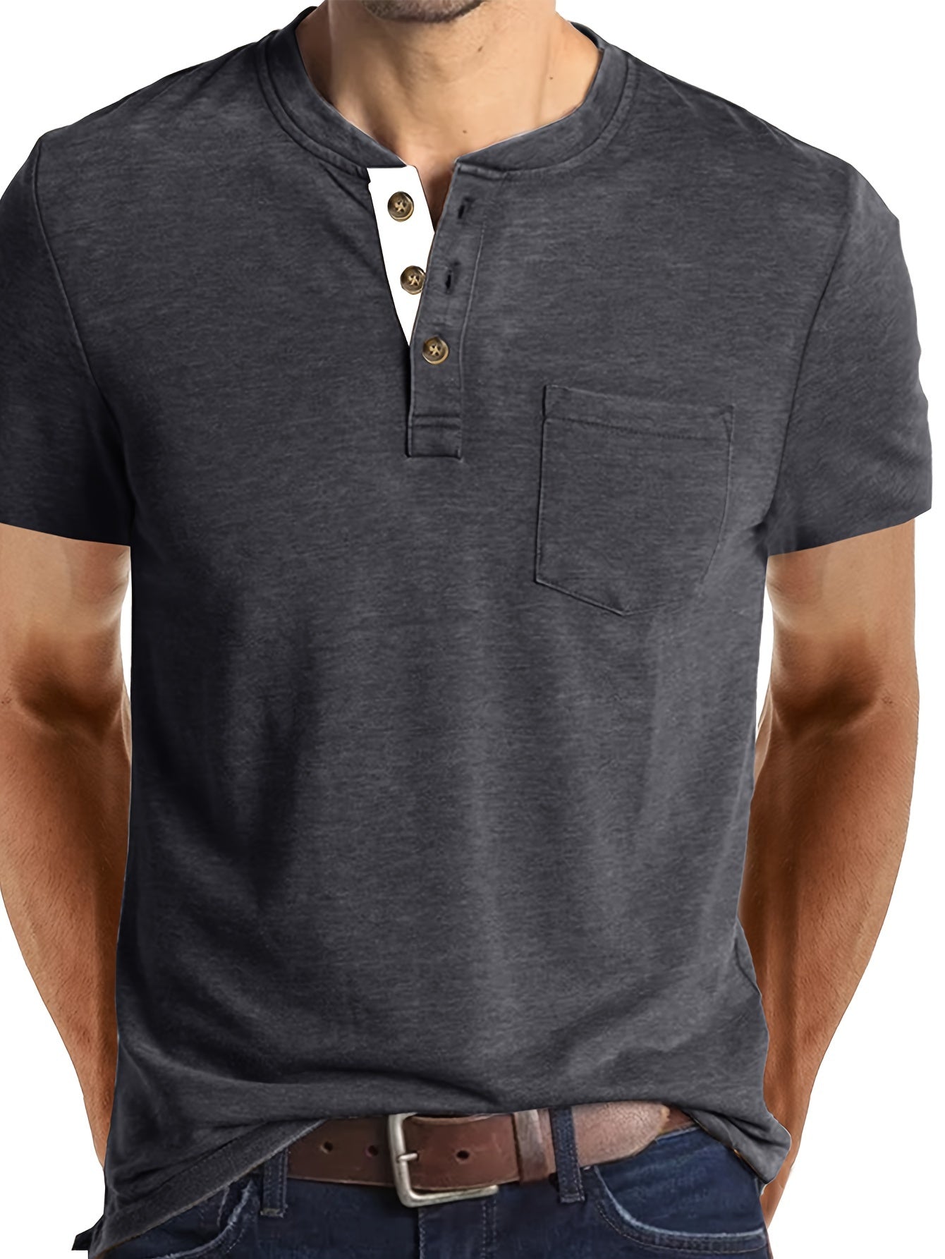 Camiseta Henley para hombre con botonadura y bolsillo en el pecho – Camiseta casual de manga corta para uso diario y tiempo libre