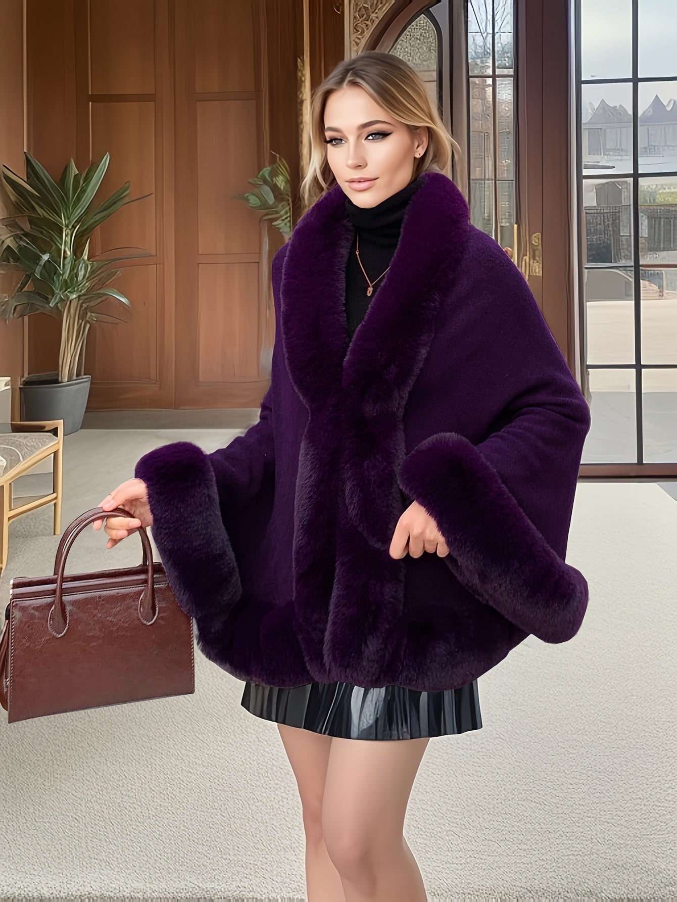 Mantella da donna con bordo in ecopelliccia: elegante poncho-stola in vari colori