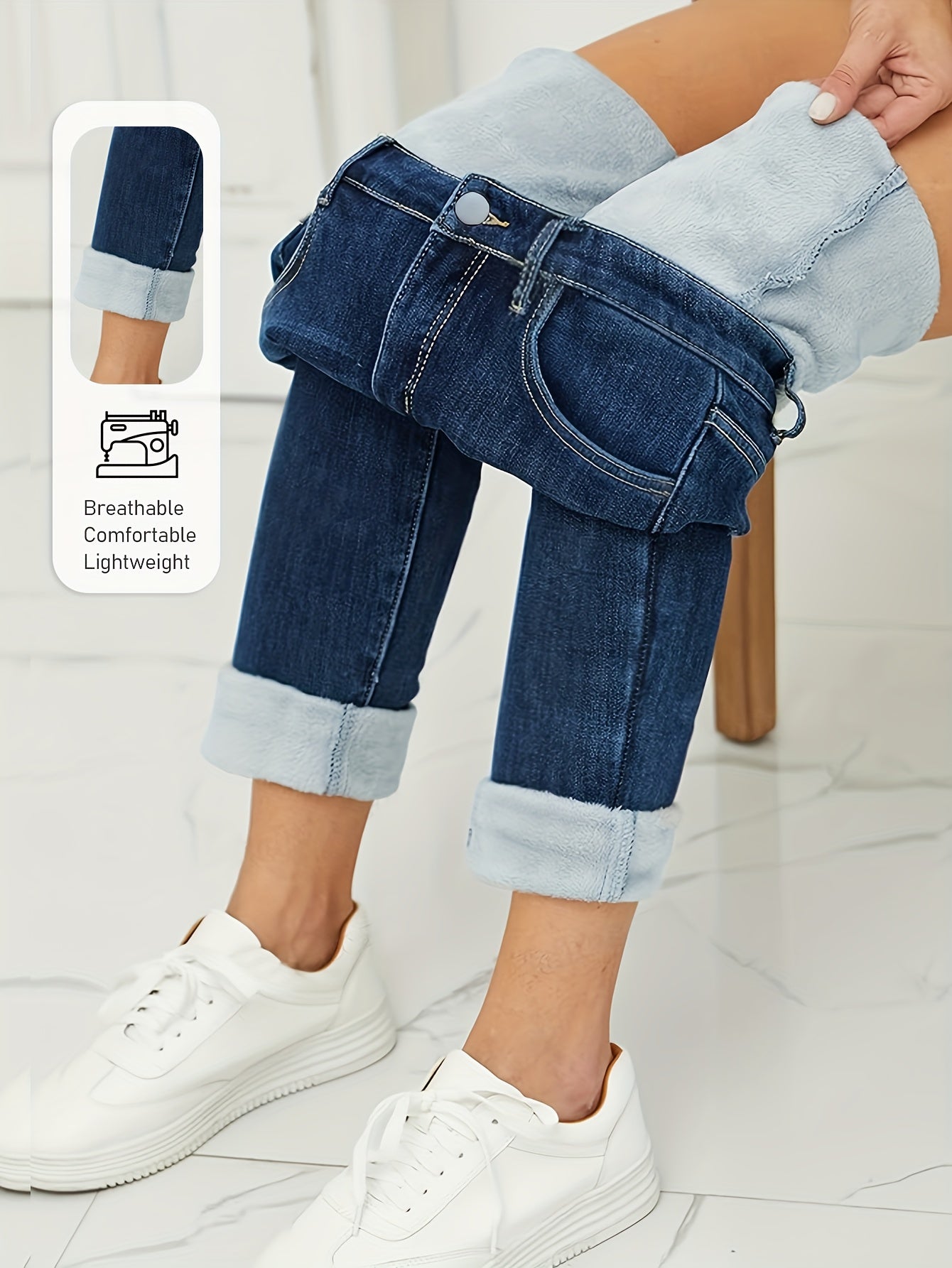 Damen Jeans Dunkelblau mit warmem Futter High Waist