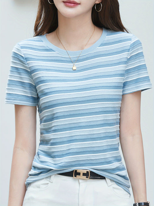 Dames vrijetijds T-shirt met streeppatroon – Korte mouwen, ronde hals, zomer – Modieus en veelzijdig