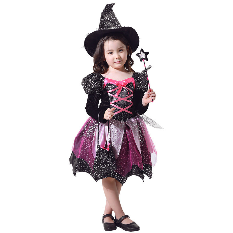 Set costume Halloween enfant sorcière avec chapeau, robe, baguette magique et sac – Parfait pour fêtes d’Halloween et porte-à-porte