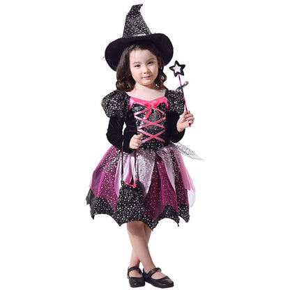 Set costume Halloween enfant sorcière avec chapeau, robe, baguette magique et sac – Parfait pour fêtes d’Halloween et porte-à-porte