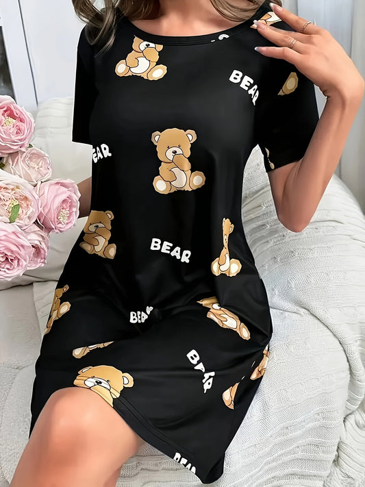 Damen Nachthemd mit Bärchen-Print, Kurzarm, Bequem, Loungewear für Frühling & Sommer