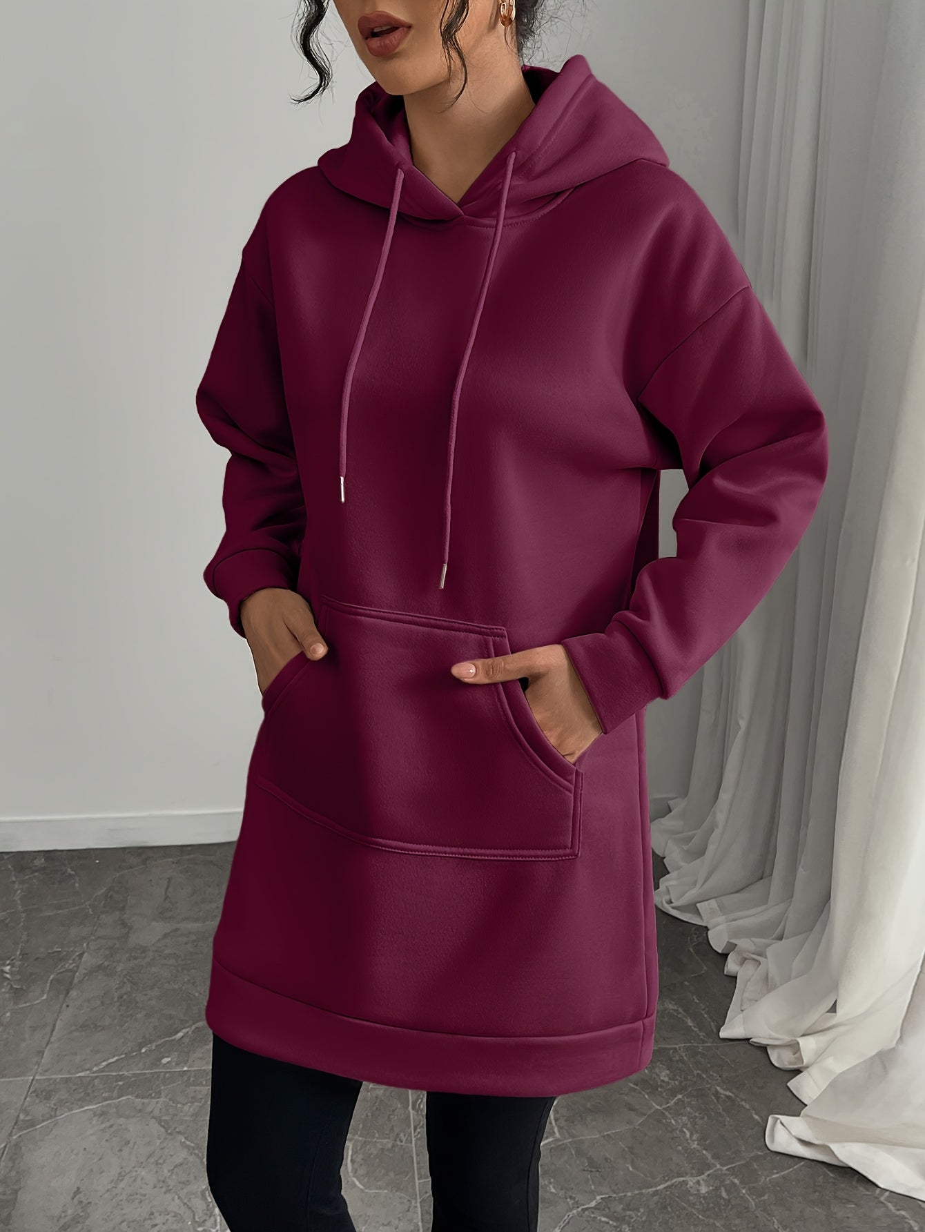 Damen Hoodie-Kleid Schwarz Langarm Kapuzenpullover Tunika Kängurutasche