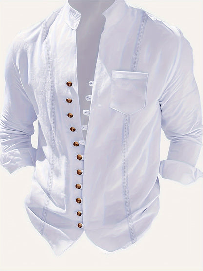 Camicia casual da uomo con collo alla coreana e abbottonatura – Maglia a maniche lunghe elegante per tutti i giorni e il weekend
