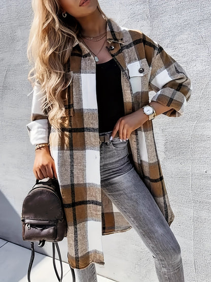 Camicia overshirt lunga da donna a quadri in stile casual per primavera e autunno