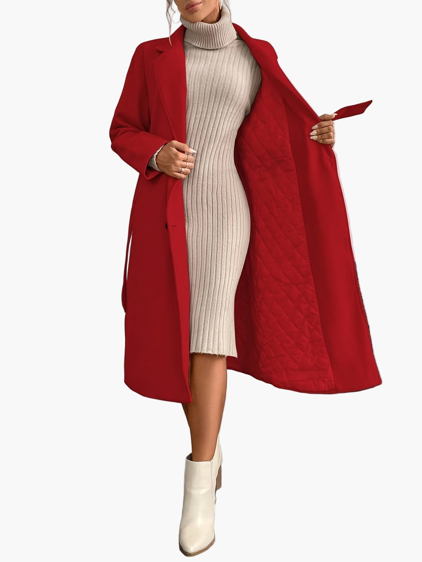 Manteau d'hiver élégant pour femme avec ceinture et poches – Long manteau stylé pour le quotidien et le bureau