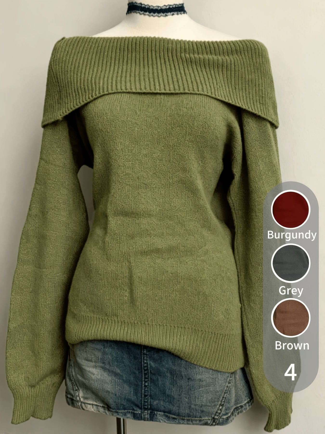 Damen Carmen-Pullover Gestrickt Off-Shoulder Grün
