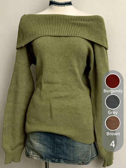 Damen Carmen-Pullover Gestrickt Off-Shoulder Grün