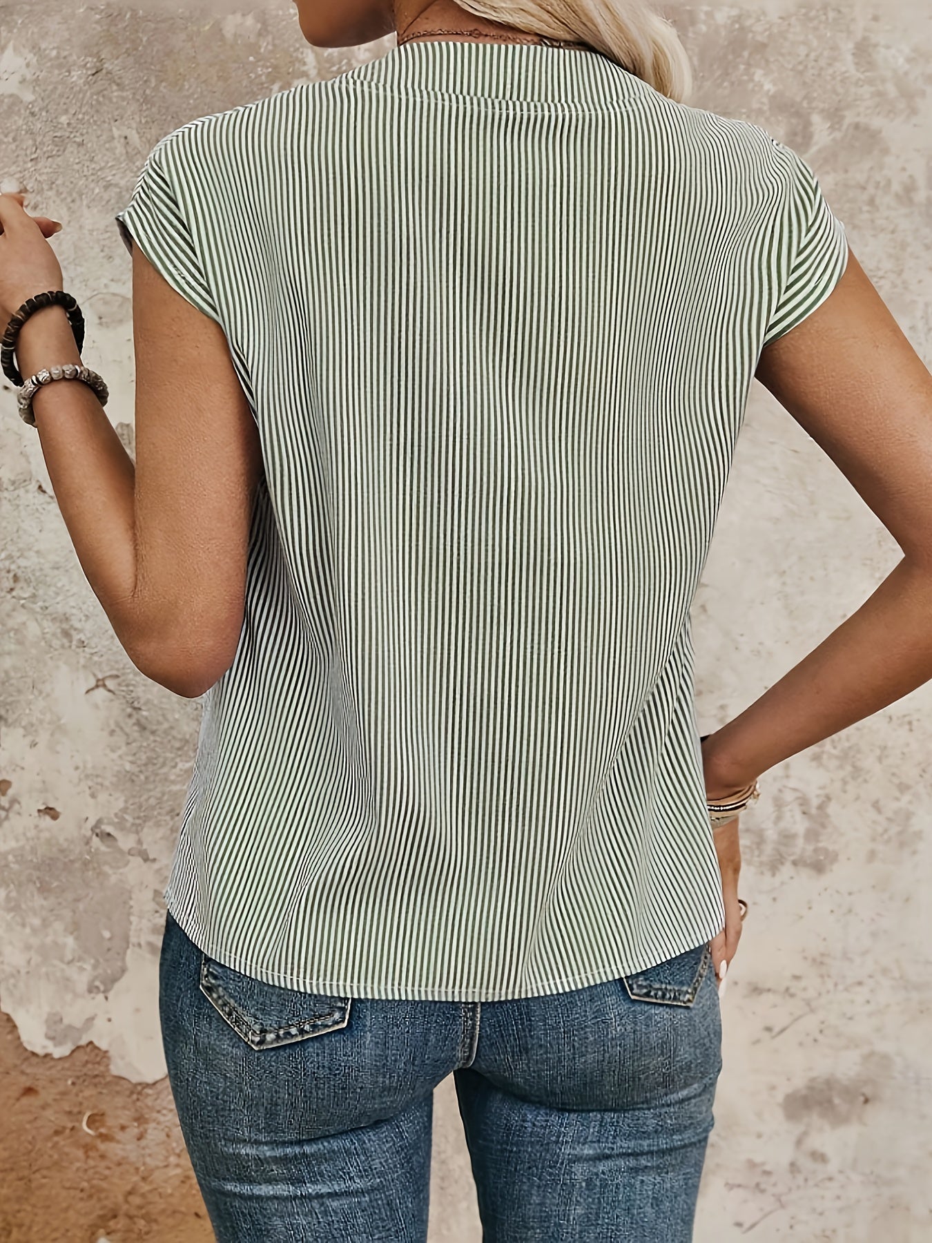 Damen Streifen Bluse Elegant V-Ausschnitt Freizeit Büro Kurzarm