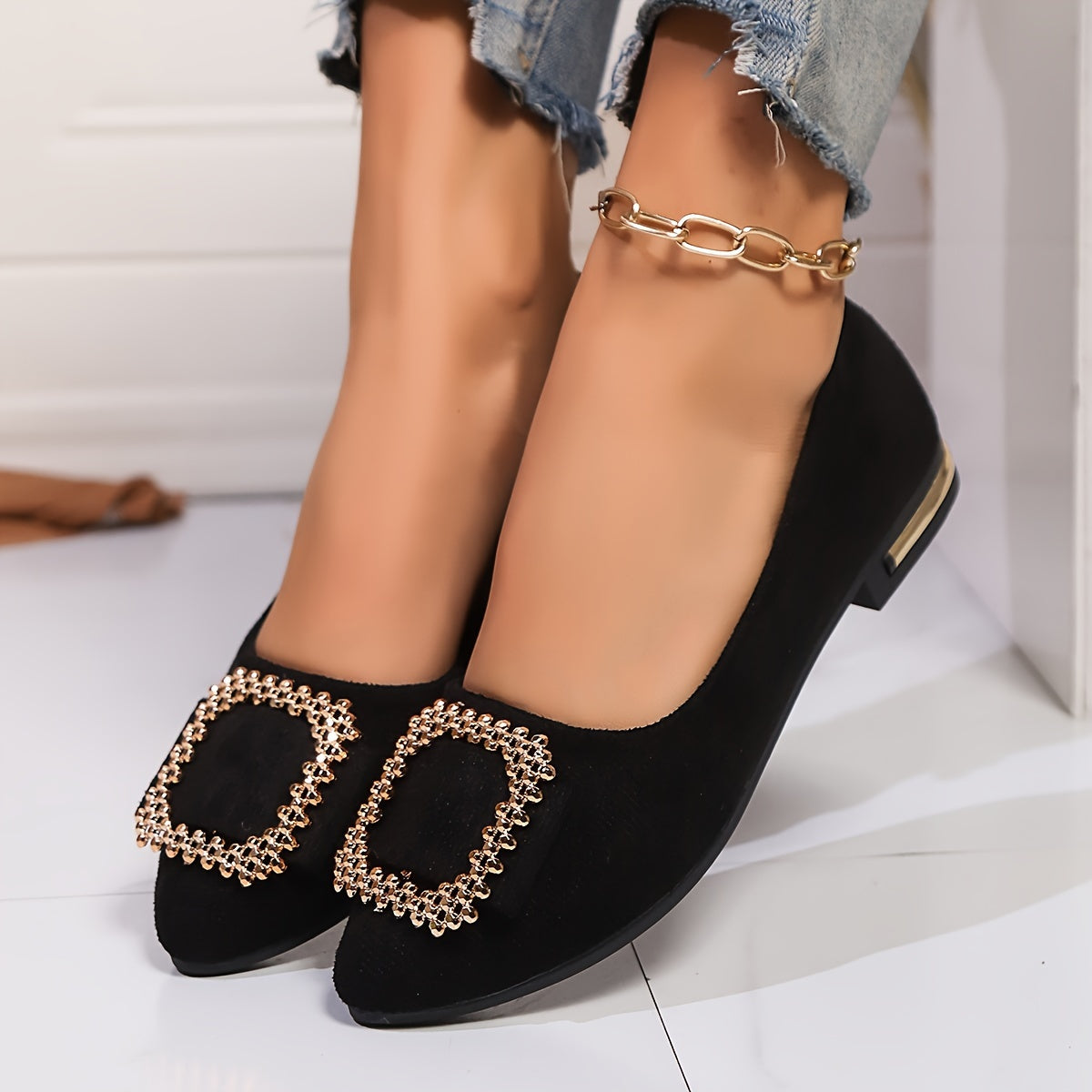 Damen Elegante Slip-On Ballerinas mit Strass-Schnalle – Modische Schuhe für Alltag und besondere Anlässe