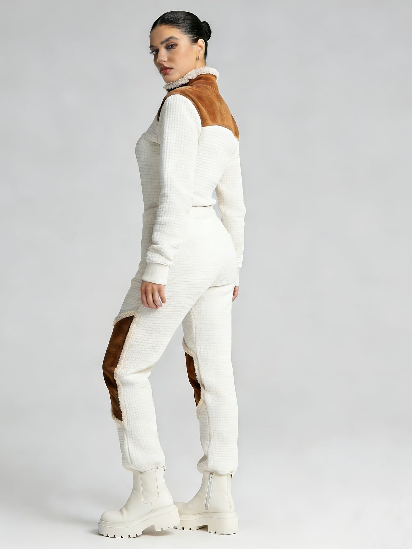 Gestepptes Damen Half-Zip Pullover Creme mit braunen Details