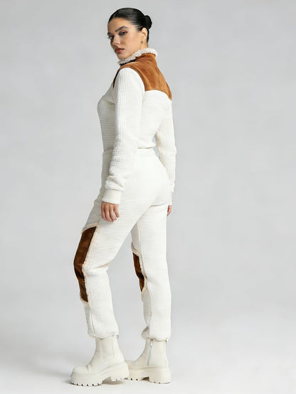 Gestepptes Damen Half-Zip Pullover Creme mit braunen Details