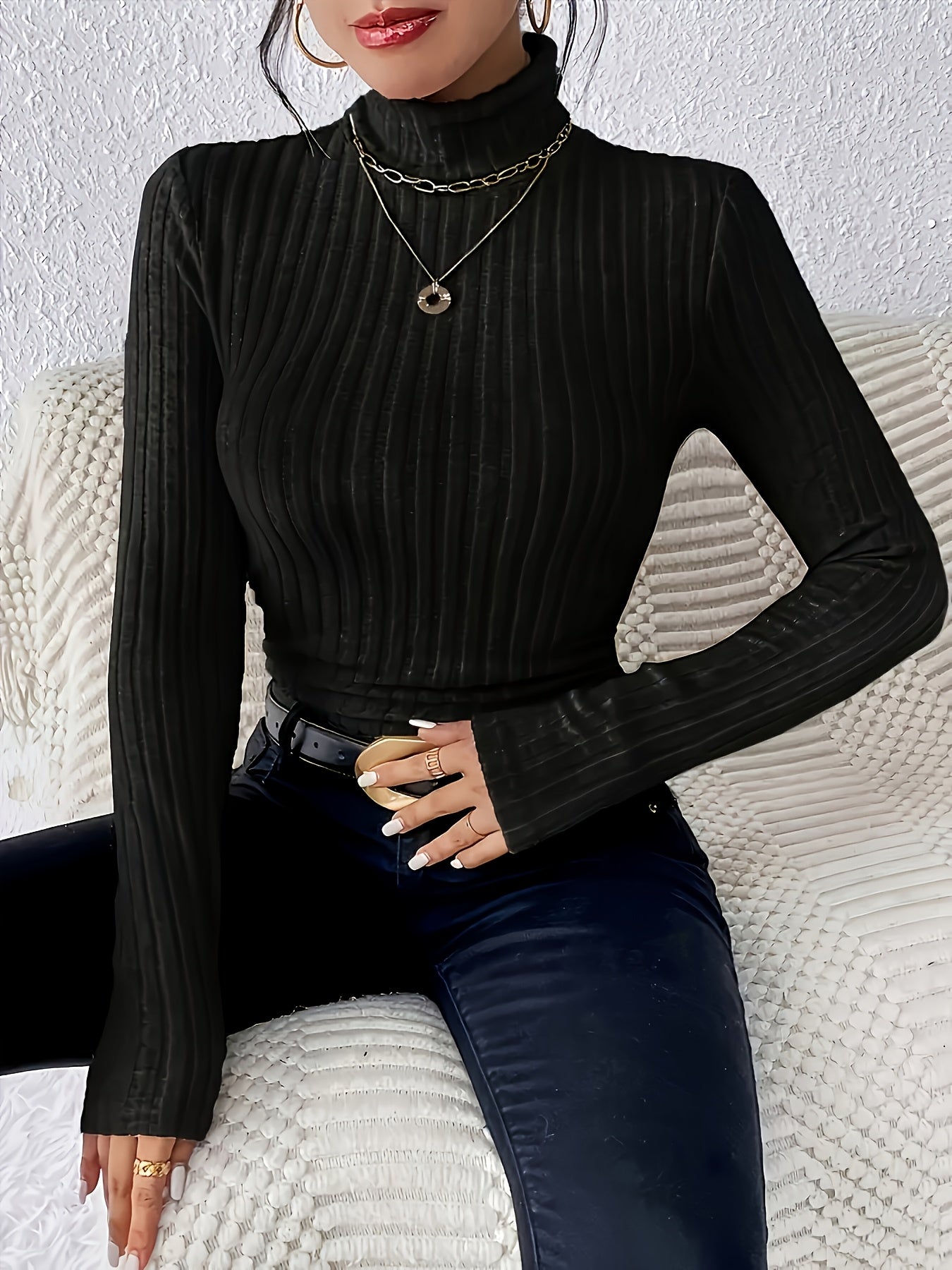 Geripptes Damen Rollkragen Langarmshirt Eng Anliegend