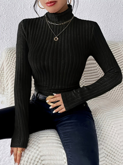 Geripptes Damen Rollkragen Langarmshirt Eng Anliegend