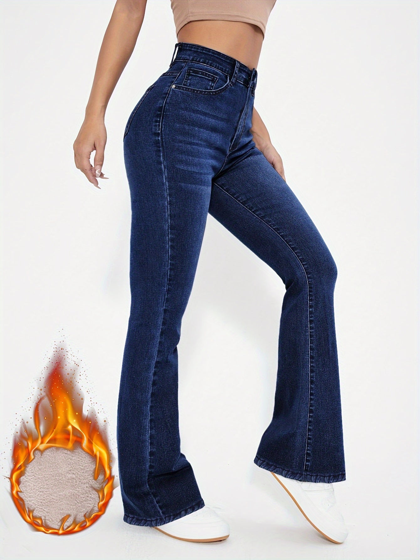 Damen Schlagjeans Hoher Bund Dunkelblau mit warmem Innenfutter