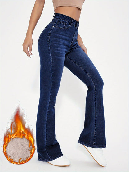 Damen Schlagjeans Hoher Bund Dunkelblau mit warmem Innenfutter