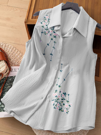 Damski top bez rękawów z kwiatową haftem – elegancki styl casualowy