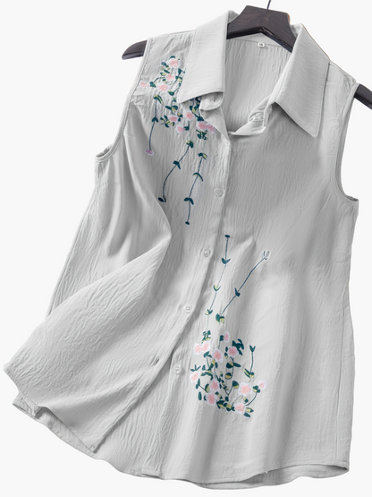 Damski top bez rękawów z kwiatową haftem – elegancki styl casualowy