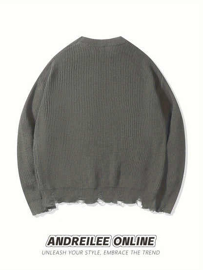 Unisex Strickpullover mit Kreuzstich-Detail und zerrissenem Saum