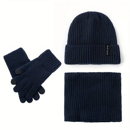 Winterset muts sjaal handschoenen ribbreisel fleecevoering, zwart