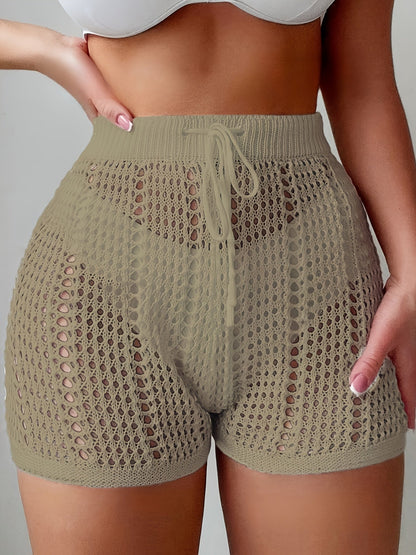 Shorts de crochet para mujer con estilo playero, cintura alta y cinturilla ajustable – Moda en malla para vacaciones, playa y piscina