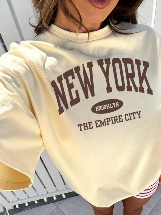 Damska koszulka oversize w stylu college z nadrukiem New York Brooklyn – miejski vintage look na co dzień i czas wolny