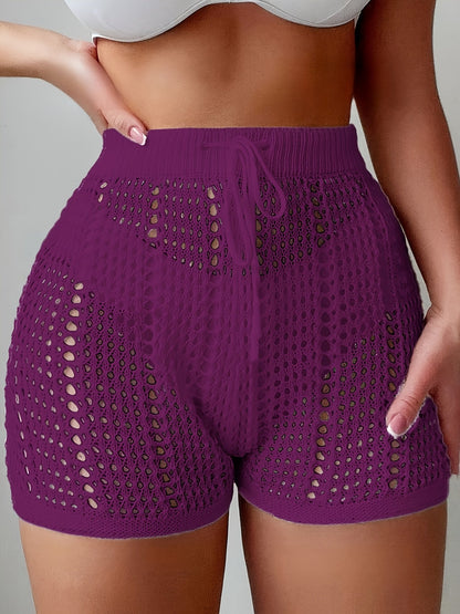 Shorts de crochet para mujer con estilo playero, cintura alta y cinturilla ajustable – Moda en malla para vacaciones, playa y piscina