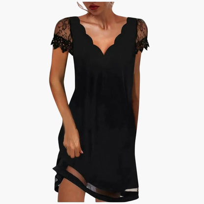 Robe femme avec manches en dentelle et encolure ondulée – Robe de soirée élégante pour les occasions spéciales