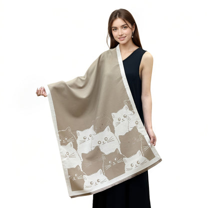 Katzen-Poncho mit Fransen Warmer Wickelschal Damen Cape Braun Gemustert