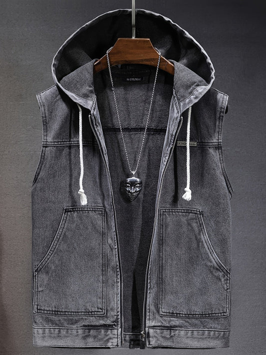 Herren Ärmellose Jeansjacke mit Kapuze Reißverschluss Washed