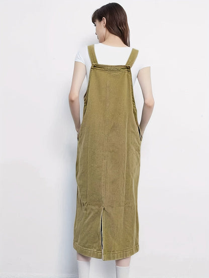 Abito jeans casual da donna con spalline e tasca frontale – Abito salopette midi per tutti i giorni e tempo libero
