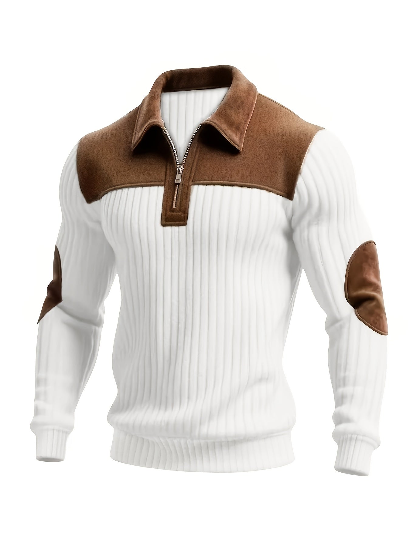 Herren Rippstrick Pullover mit Kragen, Reißverschluss und Patches