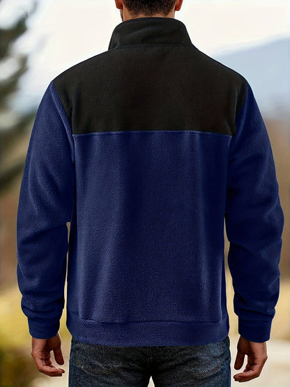 Fleece-pullover til herrer med ståkrave og trykknapper, tofarvet i grøn og sort
