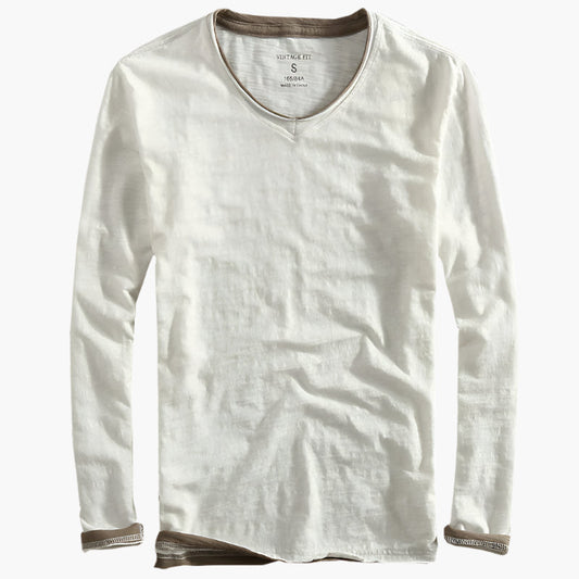 Camiseta de manga larga para hombre con look de capas y escote en V – Camiseta casual moderna para el día a día