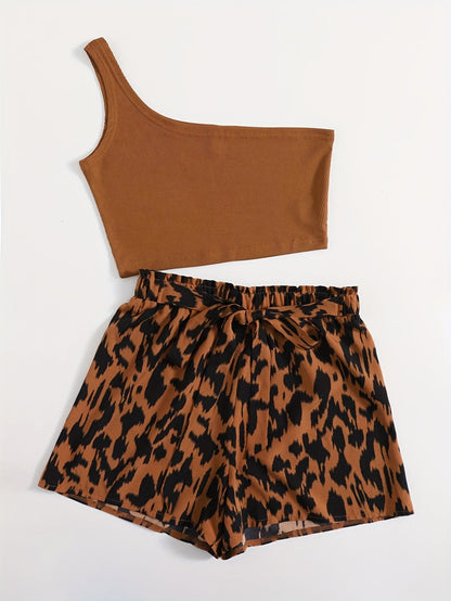 Damen Zweiteiler Set – Asymmetrisches One-Shoulder Top & High-Waist Shorts mit Animal Print, Elegant für Sommer