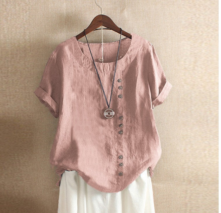 Dame Vintage sommerbluse, kortærmet med rund hals & knaplukning